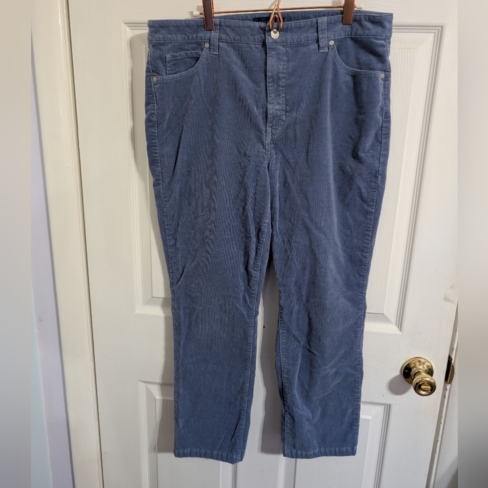 Talbots Womens Pants Blue Corduroy High Waist Straight Leg Size 14 Petite